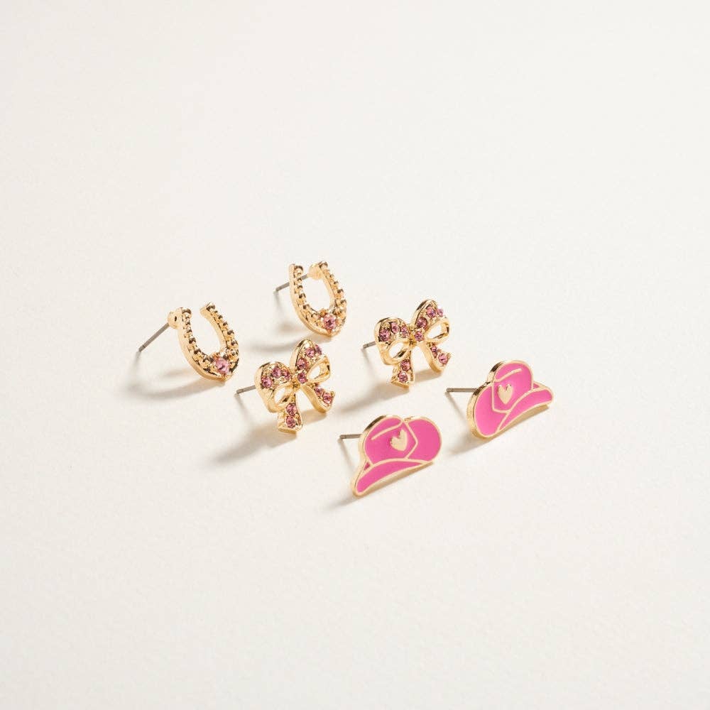 Western Themed 3PC Set Post Earrings: Pink / ONE