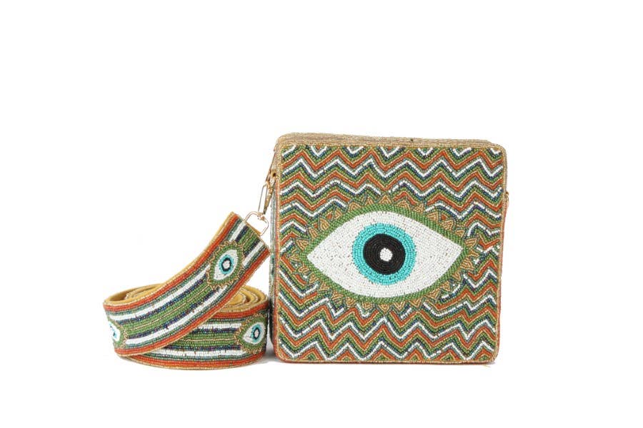 PRE ORDER - Fully Beaded Chevron EVIL EYE Themed Crossbody Handbag