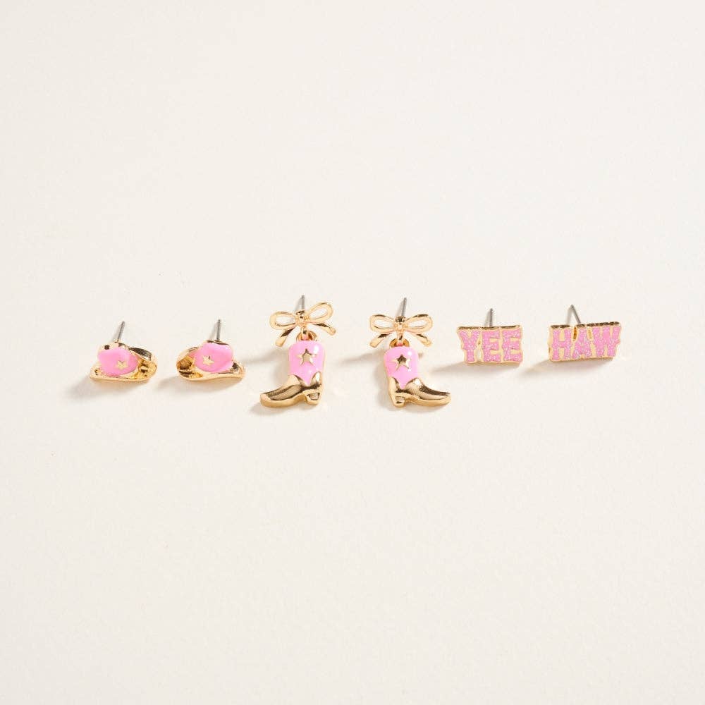 Western Mixed Cowgirl Themed 3PC Set Post Earrings: Gold/Pink / ONE