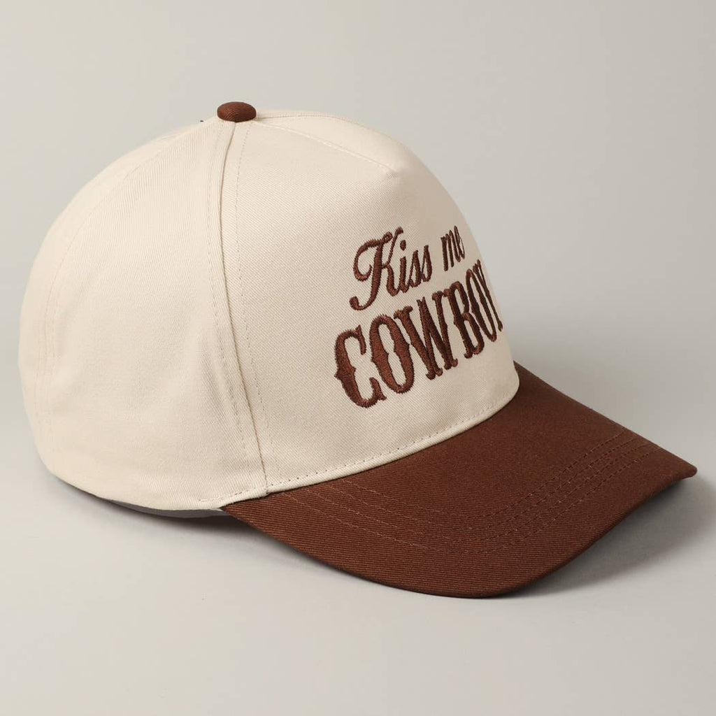 Kiss Me Cowboy Embroidery Two-Tone Cap: Brown / ONE SIZE