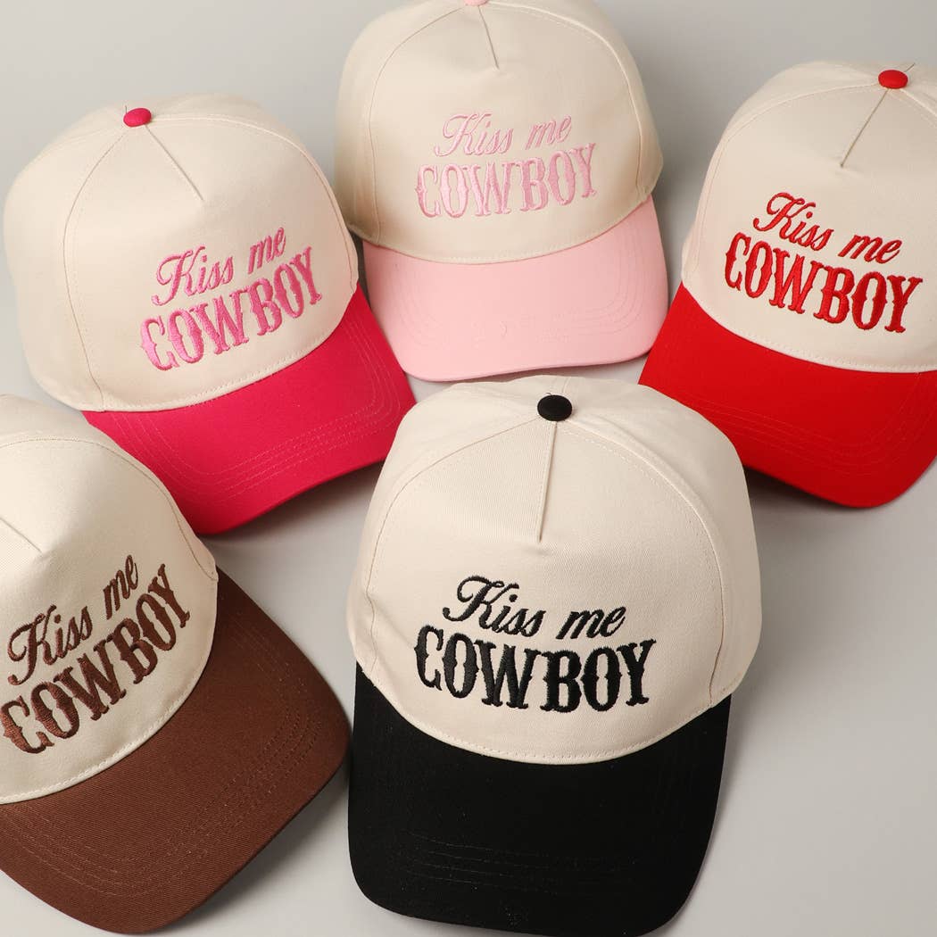 Kiss Me Cowboy Embroidery Two-Tone Cap: Brown / ONE SIZE