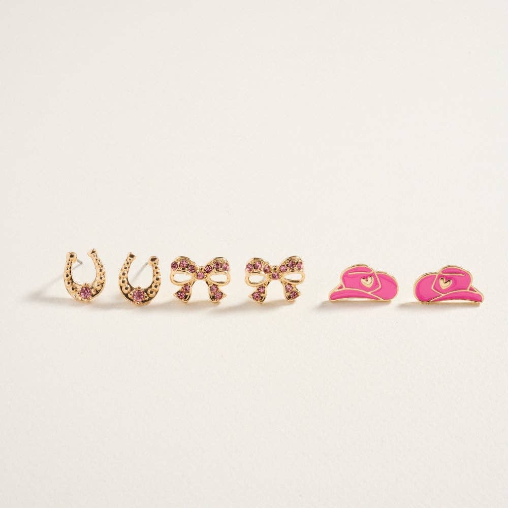 Western Themed 3PC Set Post Earrings: Pink / ONE