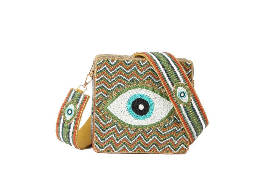PRE ORDER - Fully Beaded Chevron EVIL EYE Themed Crossbody Handbag