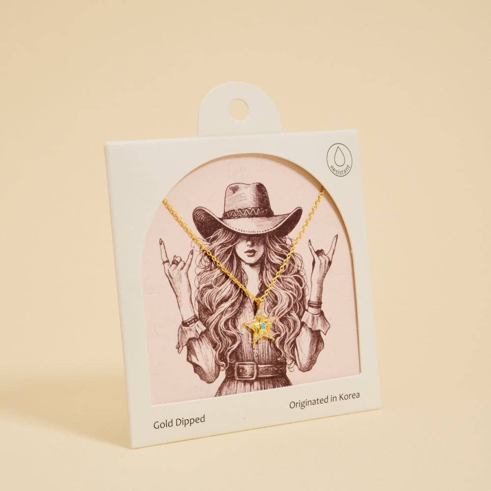 Gold Dipped Western Cowgirl Sheriff Badge Necklace: 18K Gold/Turquoise / ONE