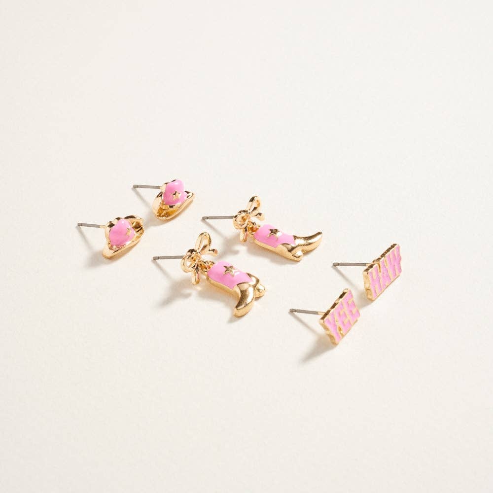 Western Mixed Cowgirl Themed 3PC Set Post Earrings: Gold/Pink / ONE