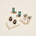 Rodeo Cowgirl Themed Turquoise 3PC Set Earrings: Burnished Silver / ONE