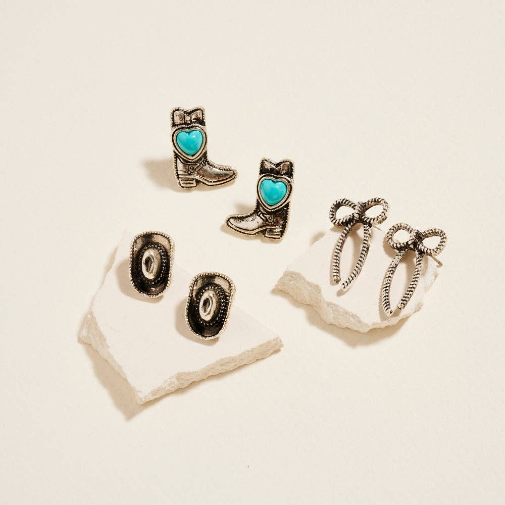 Rodeo Cowgirl Themed Turquoise 3PC Set Earrings: Burnished Silver / ONE